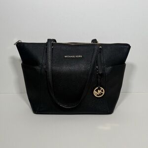 Michael Kors Jet Set Black Saffiano Leather Top Zip Tote Large Shoulder Bag